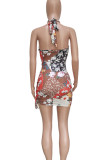 Silver Gray Sexy Print Hollow Out Patchwork Halter Wrapped Skirt Dresses