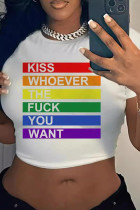 White Sexy Print Patchwork O Neck T-Shirts