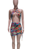 Silver Gray Sexy Print Hollow Out Patchwork Halter Wrapped Skirt Dresses