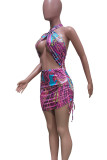 Silver Gray Sexy Print Hollow Out Patchwork Halter Wrapped Skirt Dresses