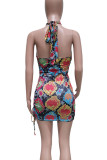 Silver Gray Sexy Print Hollow Out Patchwork Halter Wrapped Skirt Dresses