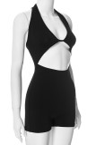 Black Sexy Solid Color Hollow Out Backless Patchwork Halter Skinny Rompers