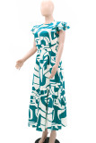Blue Celebrities Print Slit Patchwork O Neck Long Dresses