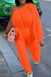 Rose Red Casual Solid Color Ruched Patchwork Oblique Collar Loose Jumpsuits
