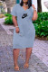 Light Blue Casual Street Letter Print Pocket V Neck A Line Short Sleeve Dress
