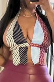 Colour Sexy Print Patchwork Deep V Neck Tops