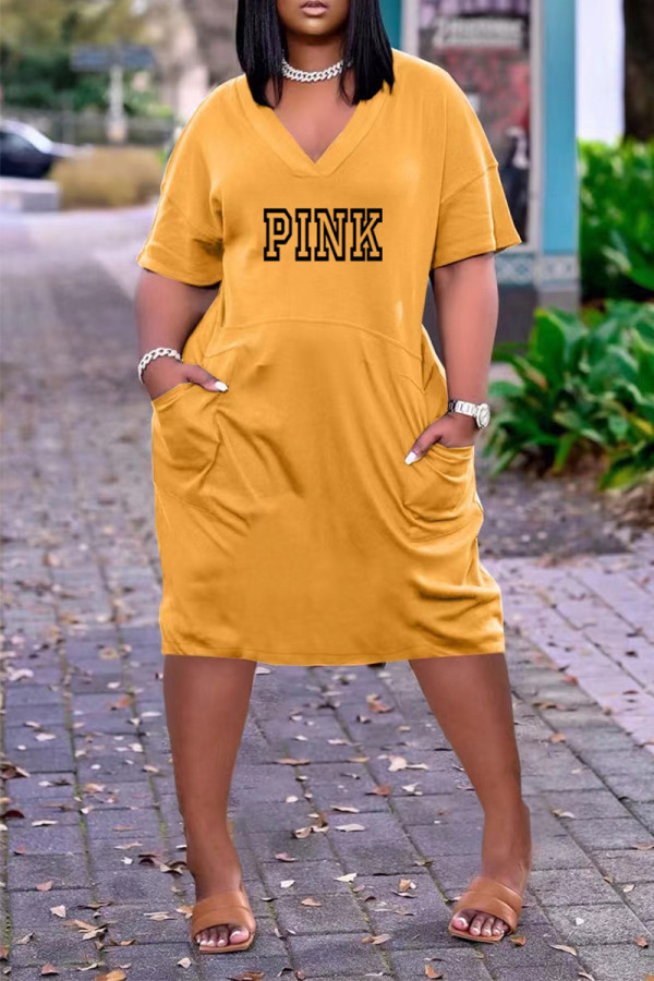 Yellow Casual Street Letter Print Pocket V Neck Short Sleeve Dress