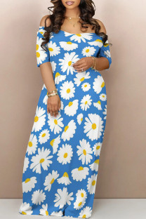 Baby Blue Sexy Flowers Print Off Shoulder Printed Dresses