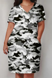 Pink Casual Camouflage Print Pocket Contrast V Neck Printed Plus Size Dresses