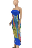 Blue Sexy Print Patchwork Strapless Long Dresses