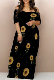 Black And White Sexy Flowers Print Off Shoulder Printed Dresses