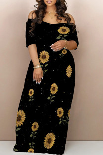 Black Sexy Flowers Print Off Shoulder Printed Dresses