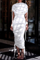 White Street Solid Color Draw String Ruched Patchwork O Neck Long Dresses