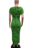 Green Street Solid Color Draw String Ruched Patchwork O Neck Long Dresses
