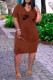 Coffee Casual Street Letter Print Pocket V Neck A Line Short Sleeve Dress