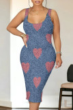 Blue Yellow Casual Street The stars Flowers Love Print Faux Denim Print U Neck Printed Dresses