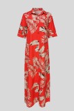 Tangerine Red Casual Leaf Print Buttons Shirt Collar Long Dresses
