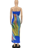 Blue Sexy Print Patchwork Strapless Long Dresses
