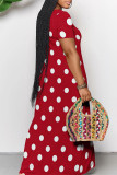 Red Casual Polka Dot Print Pocket Contrast V Neck Printed Dresses