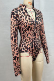 Camel Sexy Leopard Print Zipper Patchwork O Neck Skinny Bodysuits