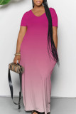 Purple Casual Daily Gradient Print Contrast V Neck Printed Dresses