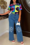 Multicolor Casual Lips Print Basic O Neck T-Shirts