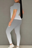 Grey Casual Gradient Print Letter Print Contrast O Neck Short Sleeve Two Pieces