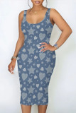 Blue Yellow Casual Street The stars Flowers Love Print Faux Denim Print U Neck Printed Dresses
