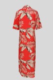 Tangerine Red Casual Leaf Print Buttons Shirt Collar Long Dresses