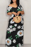 Black And White Sexy Flowers Print Off Shoulder Printed Dresses
