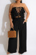 Black Sexy Casual Solid Color Hollow Out Lace Up Backless Strapless Sleeveless Two Pieces