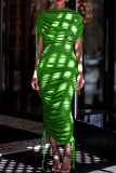 Green Street Solid Color Draw String Ruched Patchwork O Neck Long Dresses