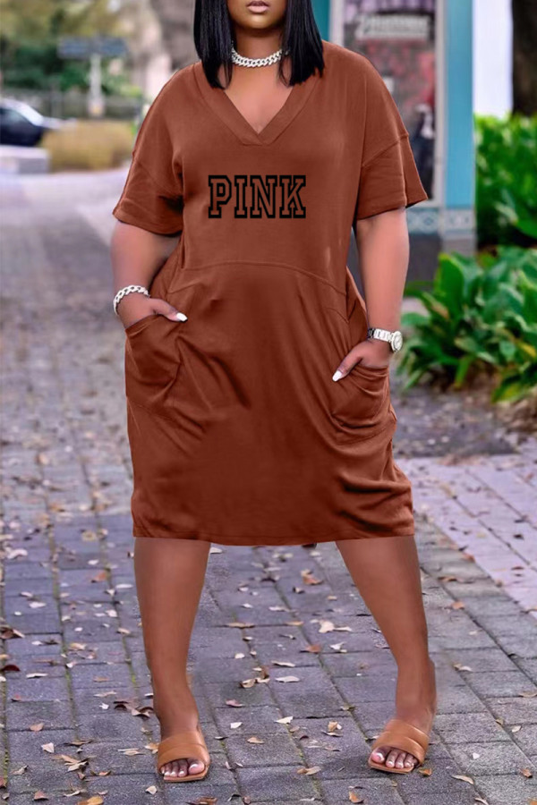 Coffee Casual Street Letter Print Pocket V Neck Short Sleeve Dress