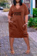 Coffee Casual Street Letter Print Pocket V Neck Short Sleeve Dress