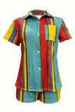 Multicolor Casual Striped Print Patchwork Shirt Collar Short Sleeve Two Pieces