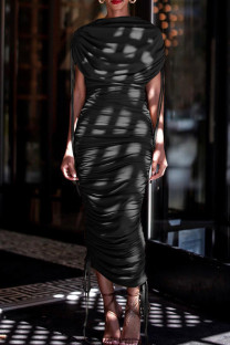 Black Street Solid Color Draw String Ruched Patchwork O Neck Long Dresses