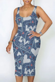 Blue Yellow Casual Street The stars Flowers Love Print Faux Denim Print U Neck Printed Dresses
