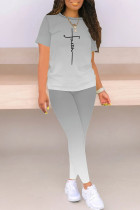 Grey Casual Gradient Print Letter Print Contrast O Neck Short Sleeve Two Pieces