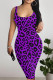 Purple Sexy Leopard Print Patchwork U Neck Wrapped Skirt Dresses