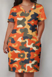 Pink Casual Camouflage Print Pocket Contrast V Neck Printed Plus Size Dresses