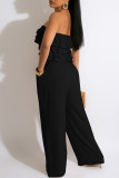 Black Sexy Casual Solid Color Hollow Out Lace Up Backless Strapless Sleeveless Two Pieces