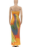 Blue Sexy Print Patchwork Strapless Long Dresses