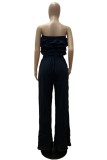 Black Sexy Casual Solid Color Hollow Out Lace Up Backless Strapless Sleeveless Two Pieces