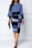 Blue Sexy Stripe Slit Zipper Patchwork O Neck Wrapped Skirt Dresses