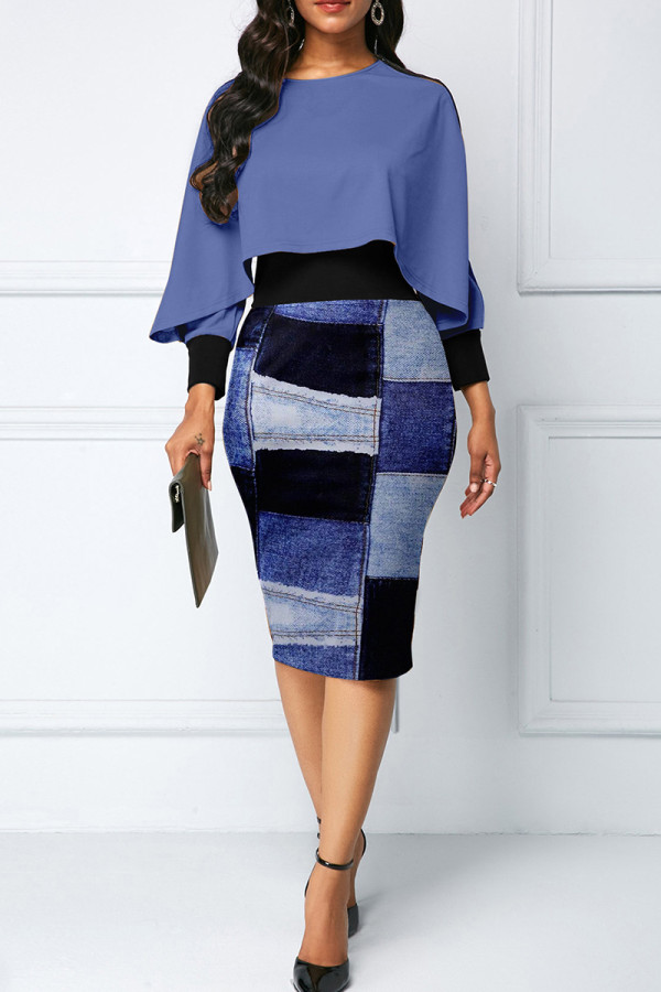 Blue Sexy Stripe Slit Zipper Patchwork O Neck Wrapped Skirt Dresses