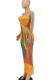 Blue Sexy Print Patchwork Strapless Long Dresses