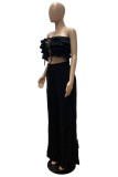 Black Sexy Casual Solid Color Hollow Out Lace Up Backless Strapless Sleeveless Two Pieces