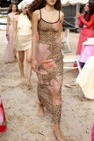 Leopard Print Celebrities Print Backless Slit Patchwork Spaghetti Strap Sling Dresses