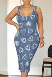 Blue Yellow Casual Street The stars Flowers Love Print Faux Denim Print U Neck Printed Dresses