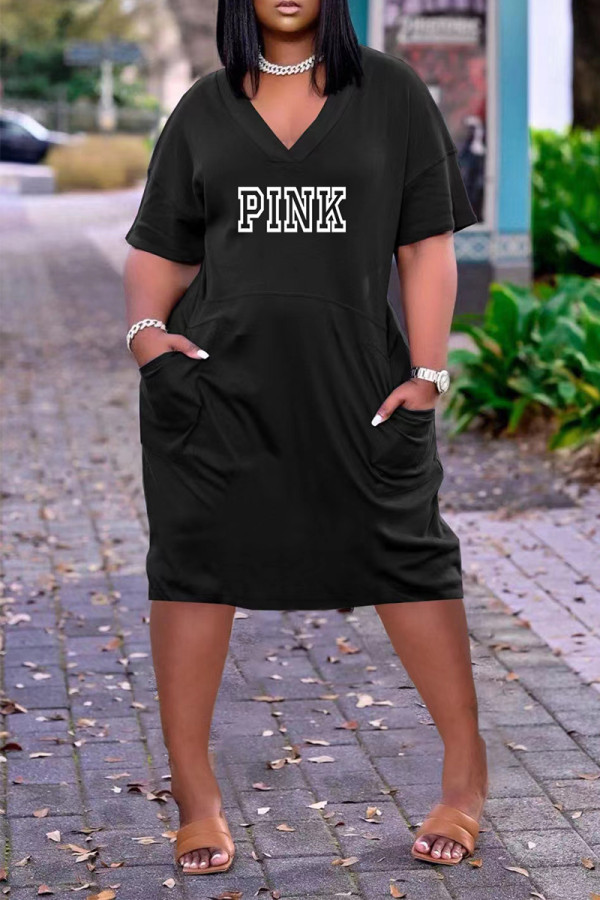 Black Casual Street Letter Print Pocket V Neck Short Sleeve Dress